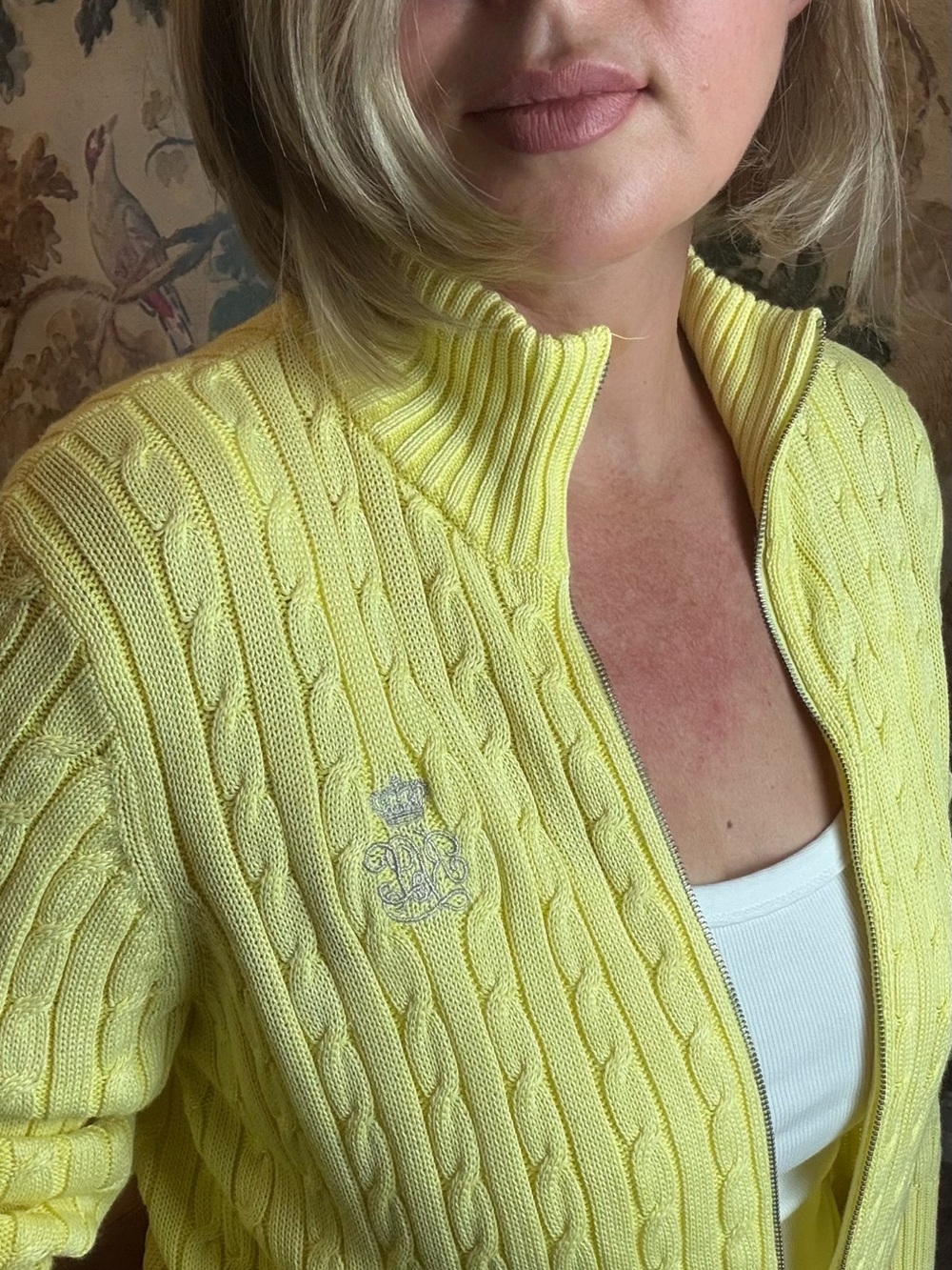 Lauren Ralph Lauren Yellow Cable Knit Full Zip Sweater Cardigan Crest Women M - Picture 2 of 11